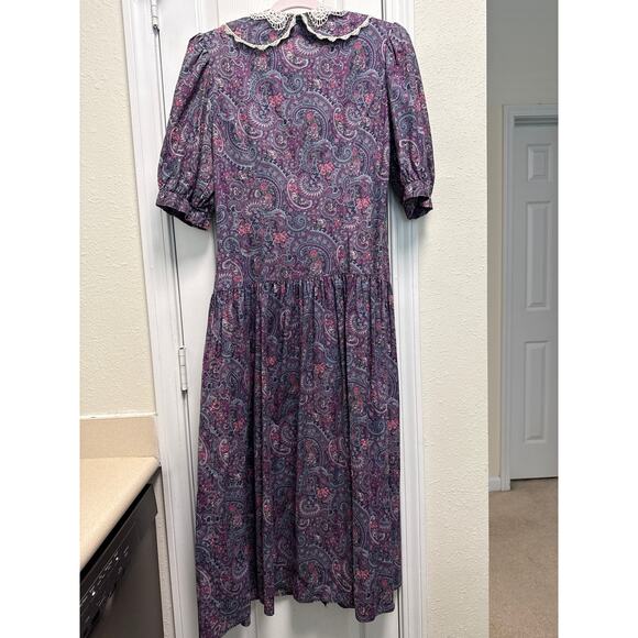 Vintage Gunne Sax Purple Paisley Puff Sleeve Crochet Cottage Maxi Dress Size 13 - Picture 4 of 10